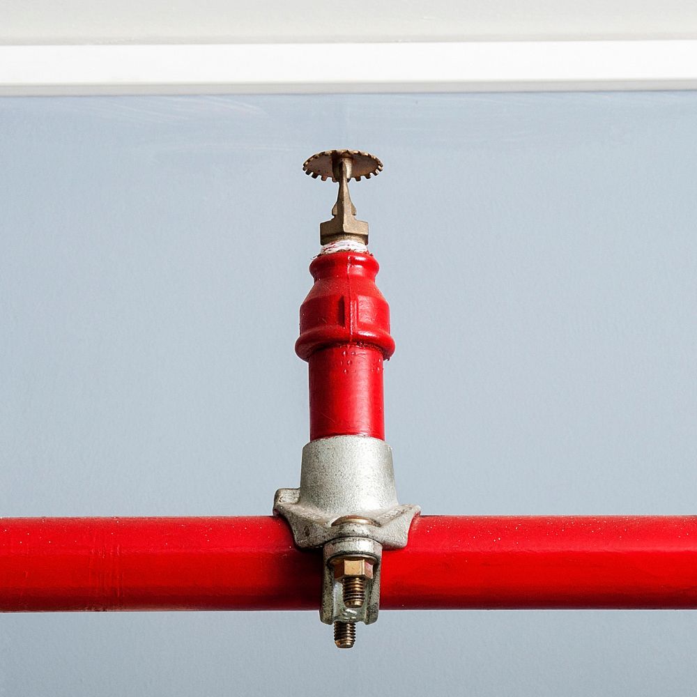 Close-up of a red fire sprinkler head on a matching pipe against a blue wall, exemplifying the critical components inspected during a fire sprinkler system inspection for safety assurance.