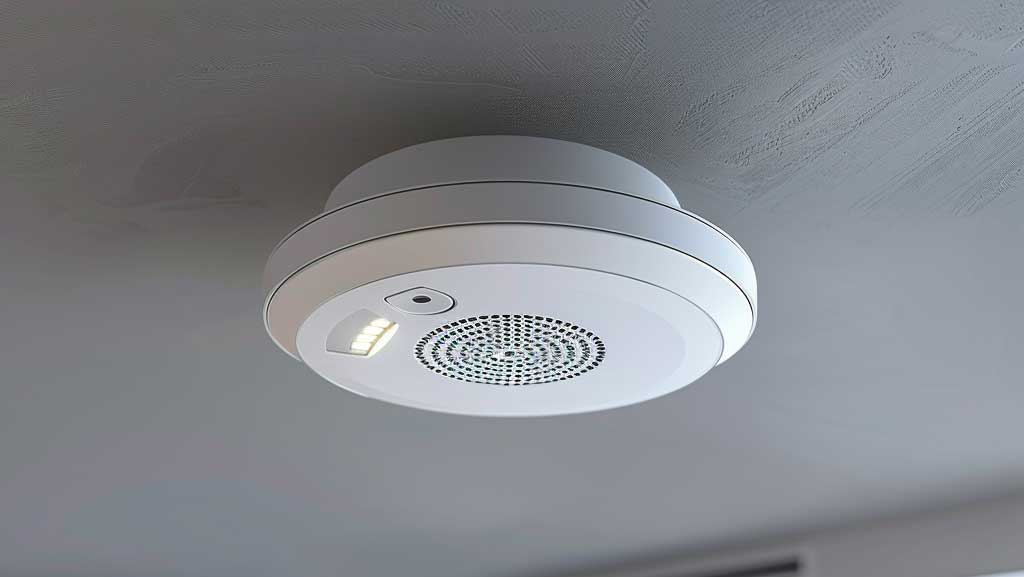 white fire alarm newly installed by a reliable fire alarm design company in a minimalistic home