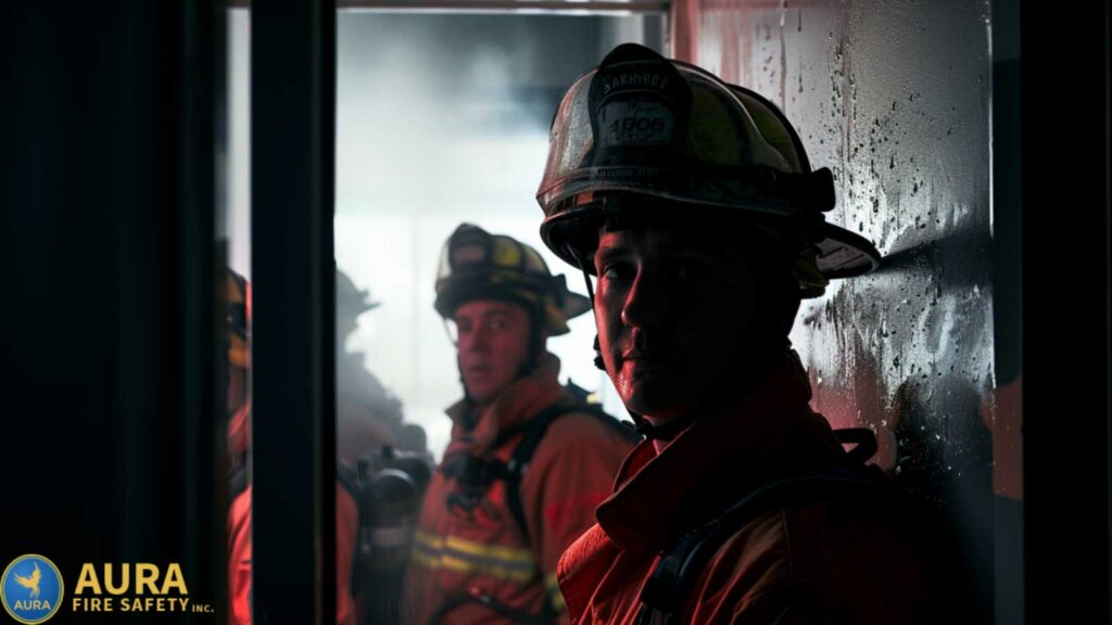 Fire safety action shot of firefighters in a smoke-filled room during an emergency response.