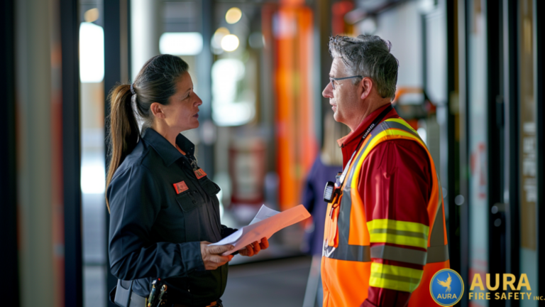 Fire safety officer discussing fire sprinkler plans with a property manager in a commercial setting.