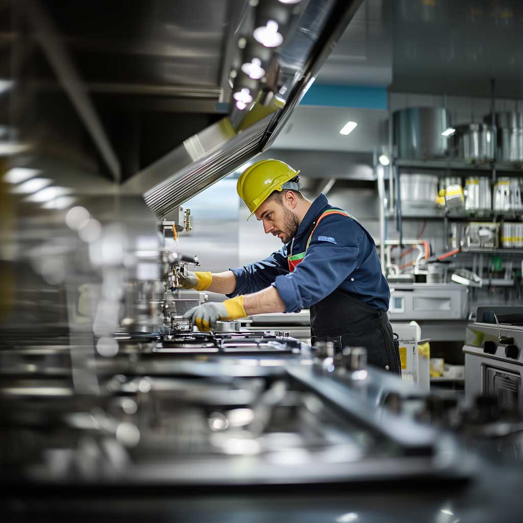 Certified technician adjusting a kitchen hood fire suppression system for optimal safety and performance.