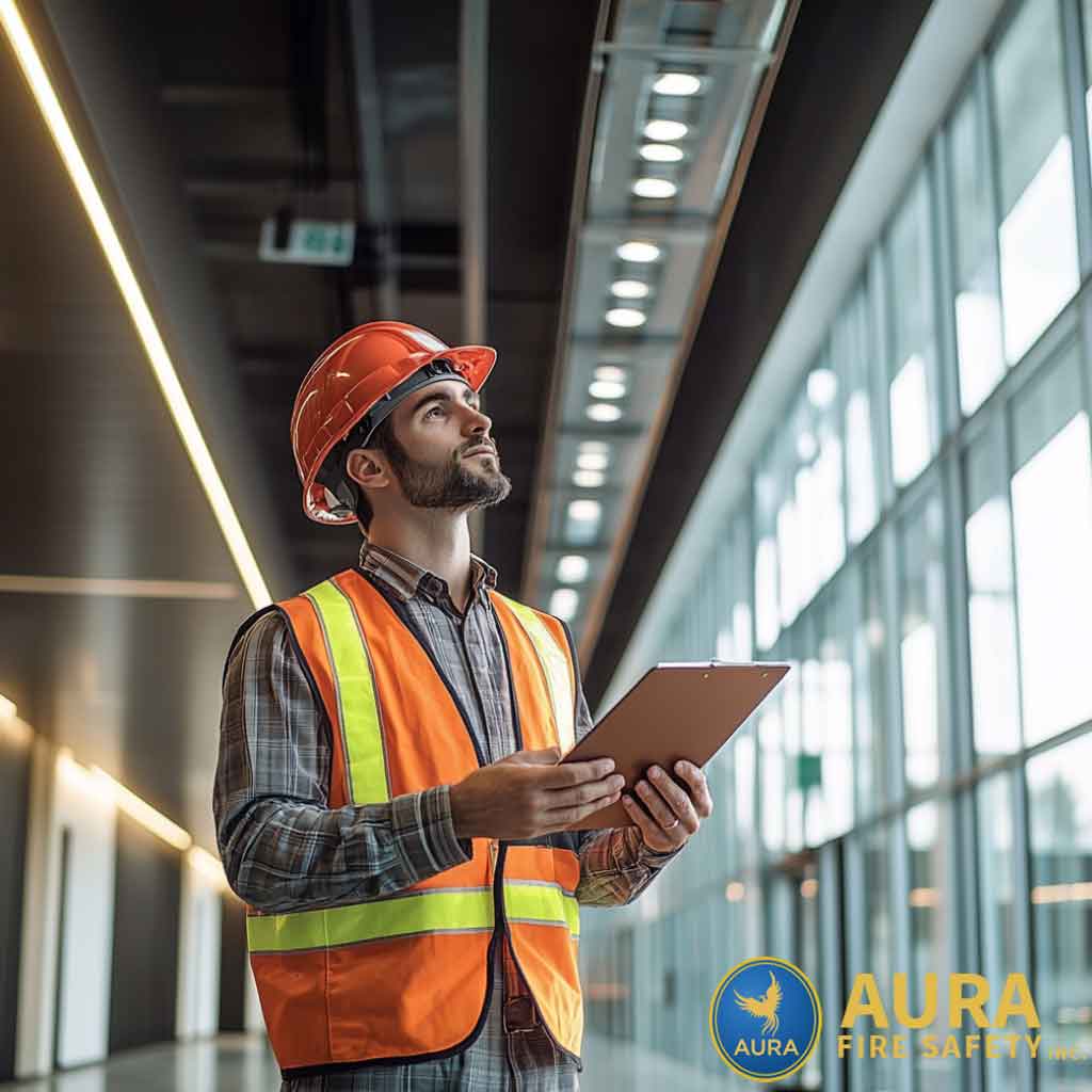 Fire protection service inspector conducting a fire safety inspection in a commercial building.