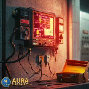 A fire alarm inspection professional monitoring a fire alarm system display panel during a routine safety check.