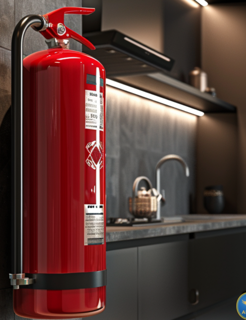 Accessible fire extinguisher in a modern kitchen setup by fire extinguisher service company