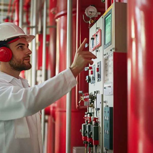 Fire protection specialist operating a fire alarm controller to manage emergency fire protection services.