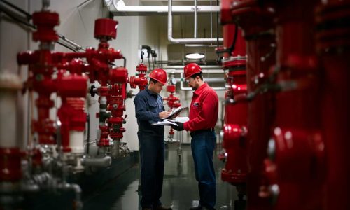 Aura Fire Safety inspector and a business owner overseeing a fire sprinkler system installation.